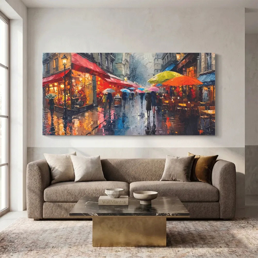 Rainy Paris Street Canvas Wall Art – Vibrant Café & Umbrella Scene With Frame