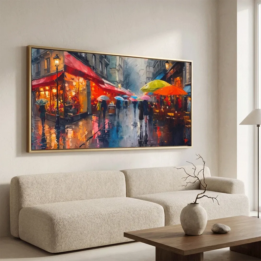 Rainy Paris Street Canvas Wall Art – Vibrant Café & Umbrella Scene With Frame