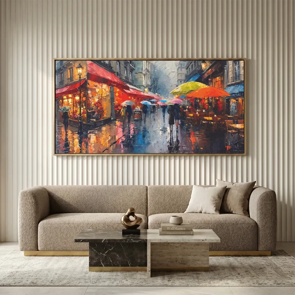 Rainy Paris Street Canvas Wall Art – Vibrant Café & Umbrella Scene With Frame
