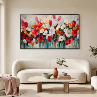 Red and White Tulips Flower Canvas Wall Painting
