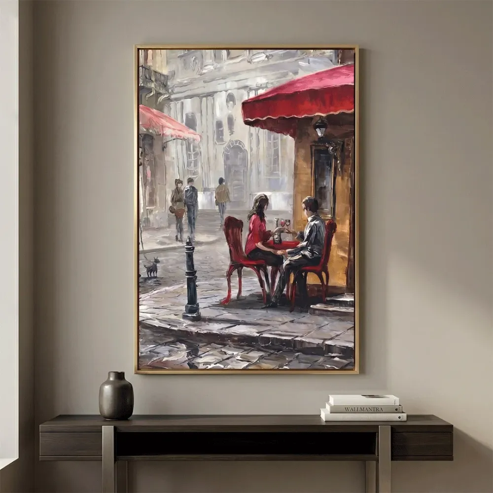 Romantic Paris Café Canvas Wall Art – Vintage Street Couple Scene With Frame
