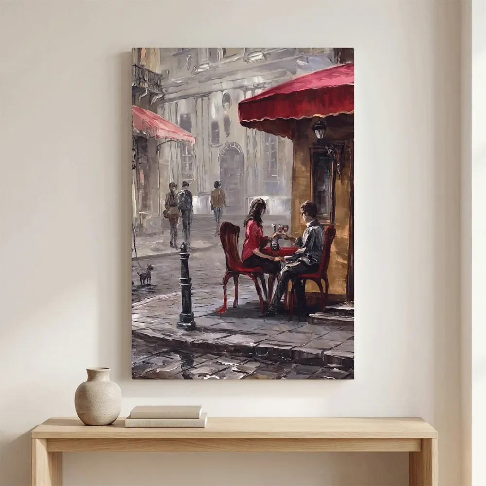 Romantic Paris Café Canvas Wall Art – Vintage Street Couple Scene With Frame
