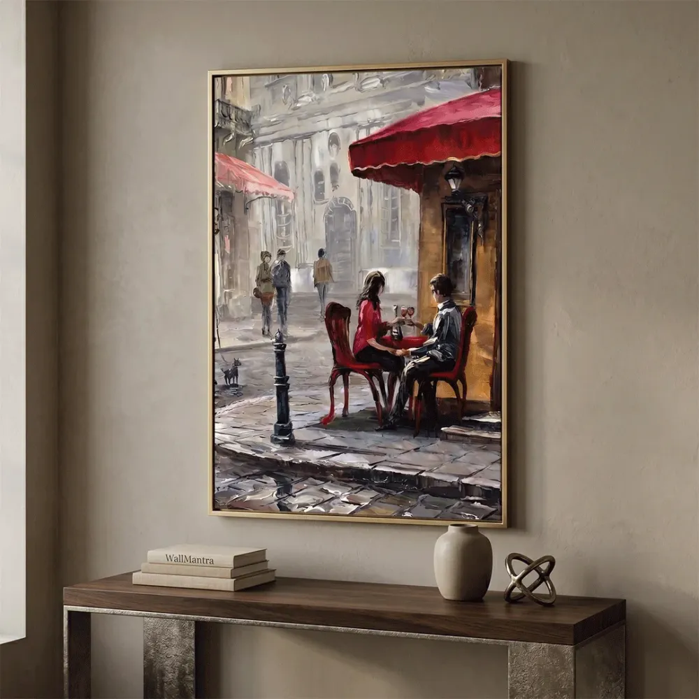Romantic Paris Café Canvas Wall Art – Vintage Street Couple Scene With Frame