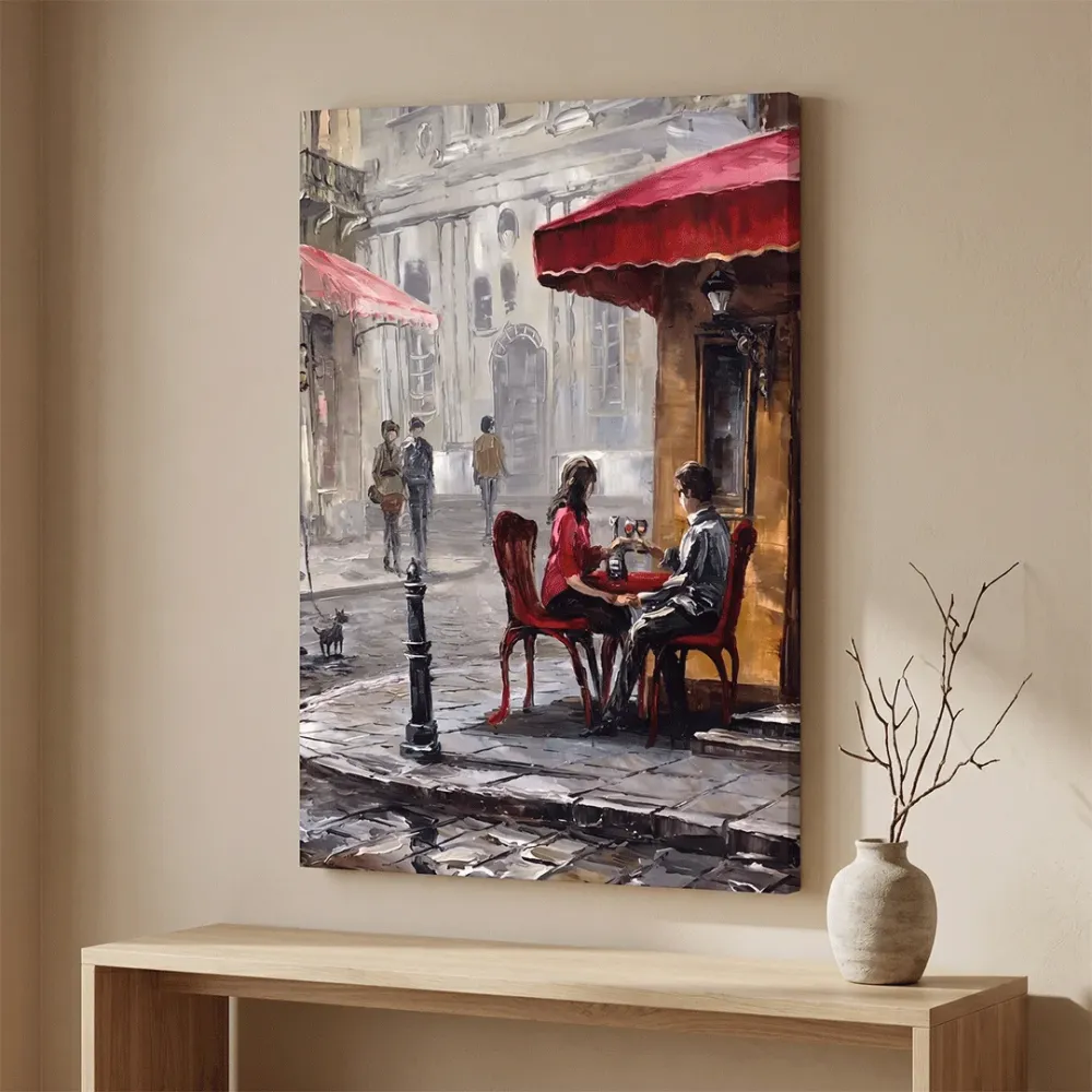 Romantic Paris Café Canvas Wall Art – Vintage Street Couple Scene With Frame