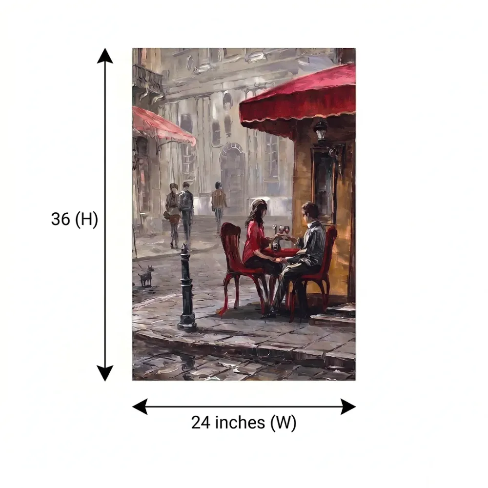 Romantic Paris Café Canvas Wall Art – Vintage Street Couple Scene With Frame