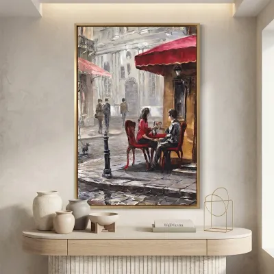 Romantic Paris Café Canvas Wall Art – Vintage Street Couple Scene