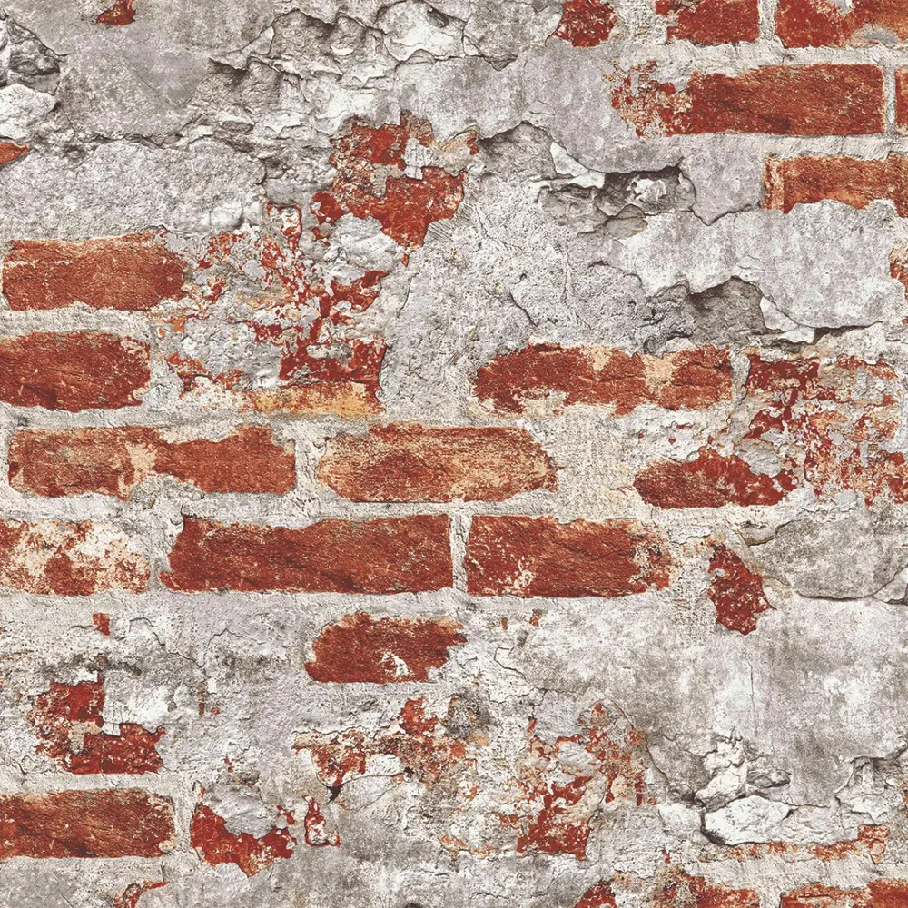 Rustic Exposed Brick & Concrete Floral Texture Wallpaper Dark Brown