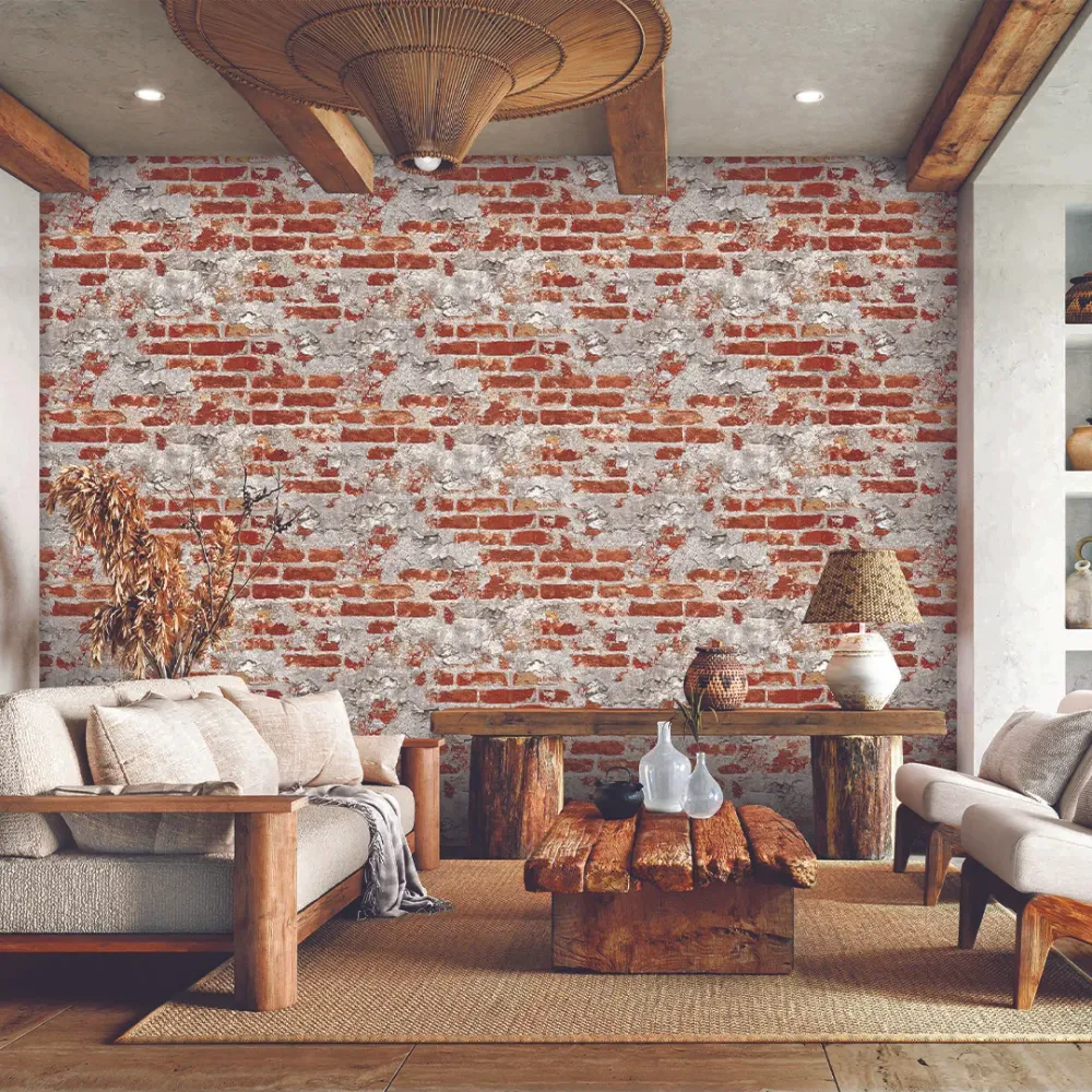 Rustic Exposed Brick & Concrete Floral Texture Wallpaper Dark Brown