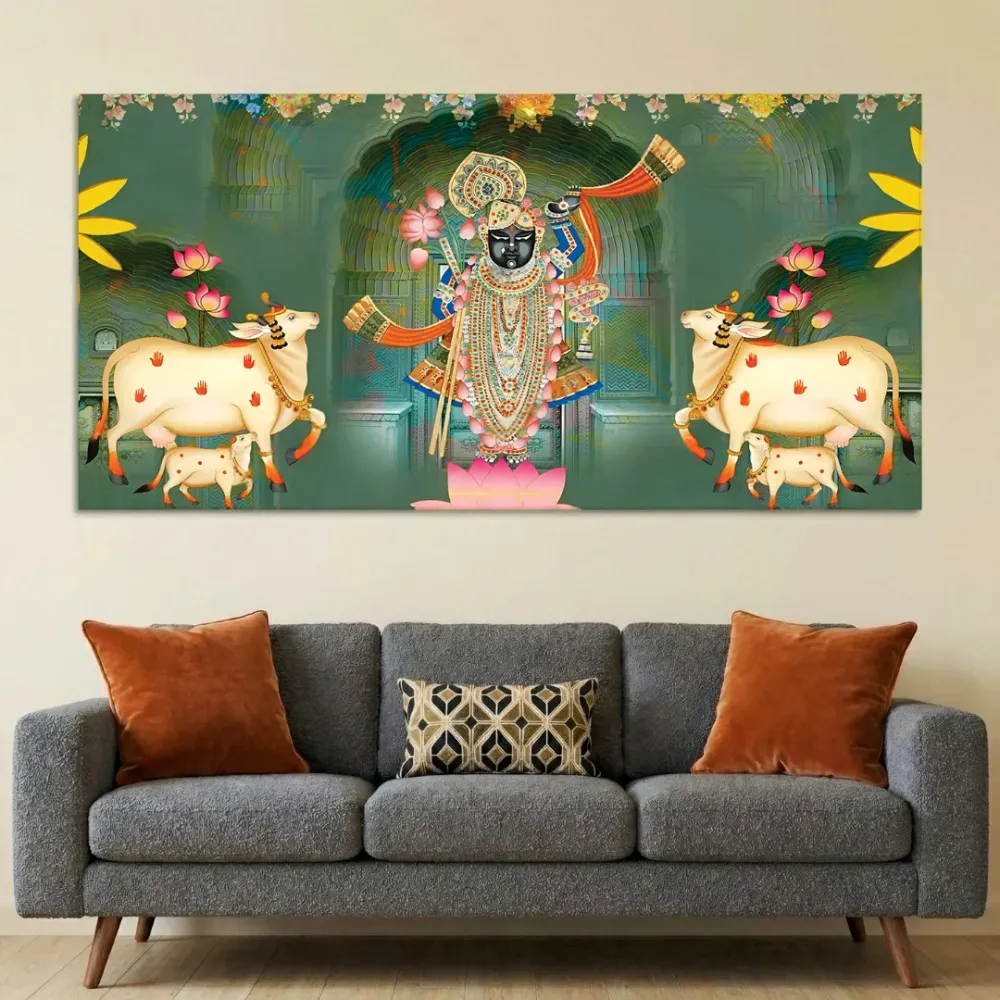 Sacred Blessings of Shrinathji Pichwai Canvas Wall Painting With Frame