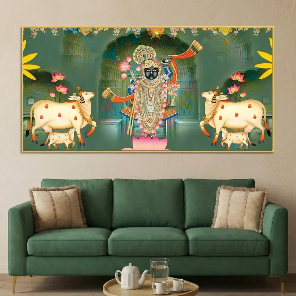 Sacred Blessings of Shrinathji Pichwai Canvas Wall Painting With Frame
