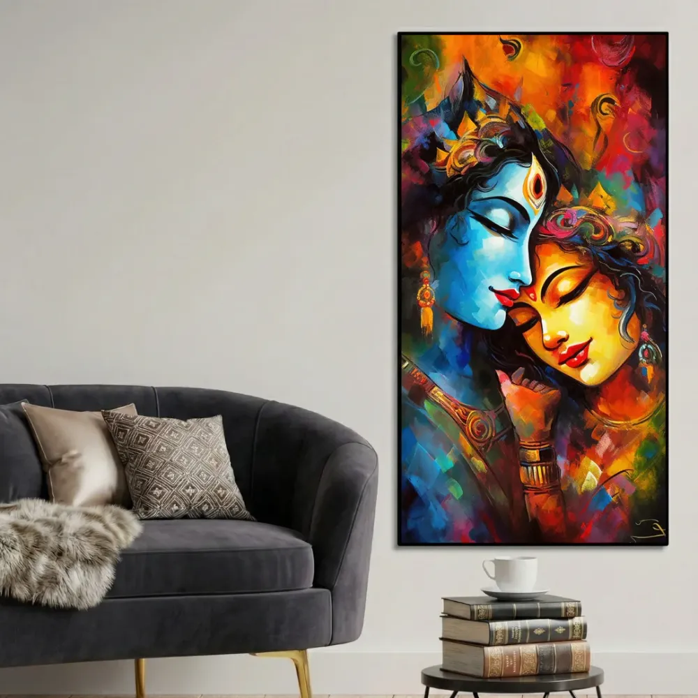 Sacred Embrace of Radha Krishna Canvas Wall Painting With Frame