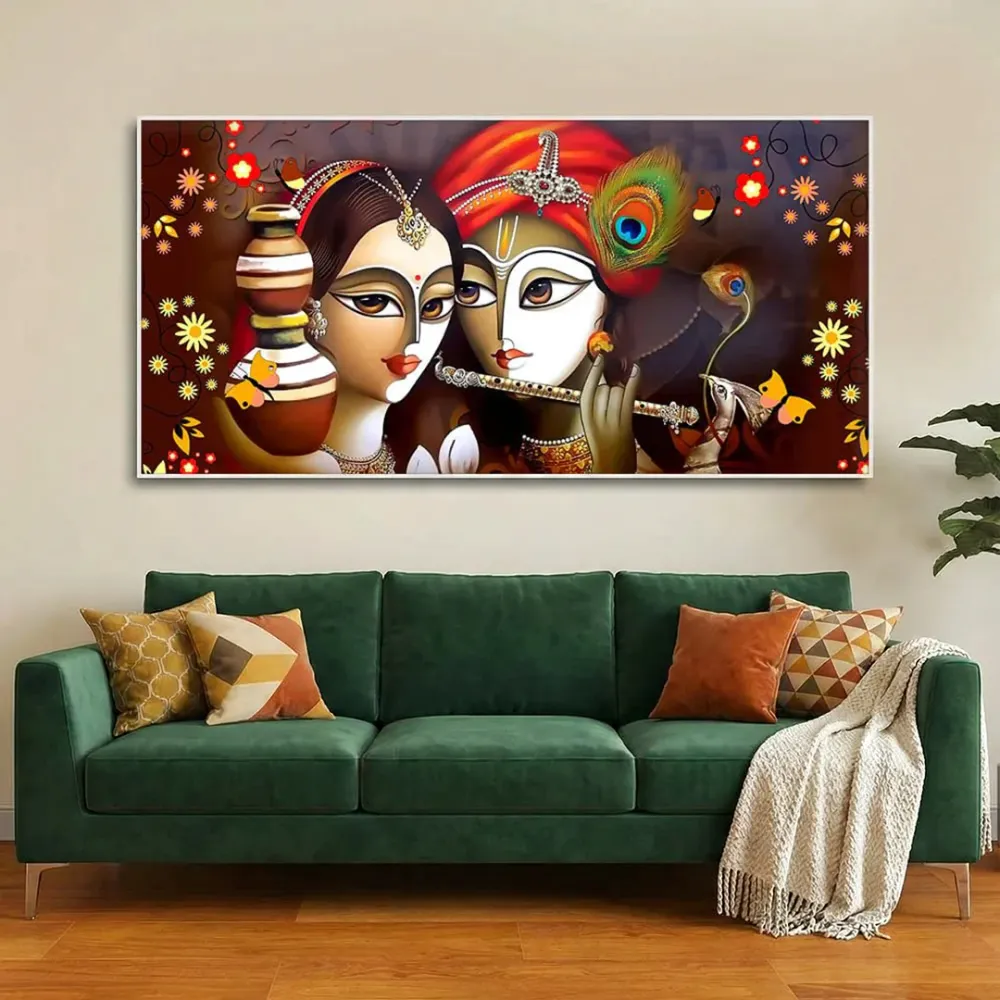 Sacred Harmony of Radha Krishna Faces Canvas Wall Painting With Frame