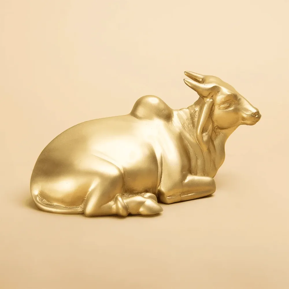 Sacred Nandi Bull Solid Brass Figurine – Gold Finish 