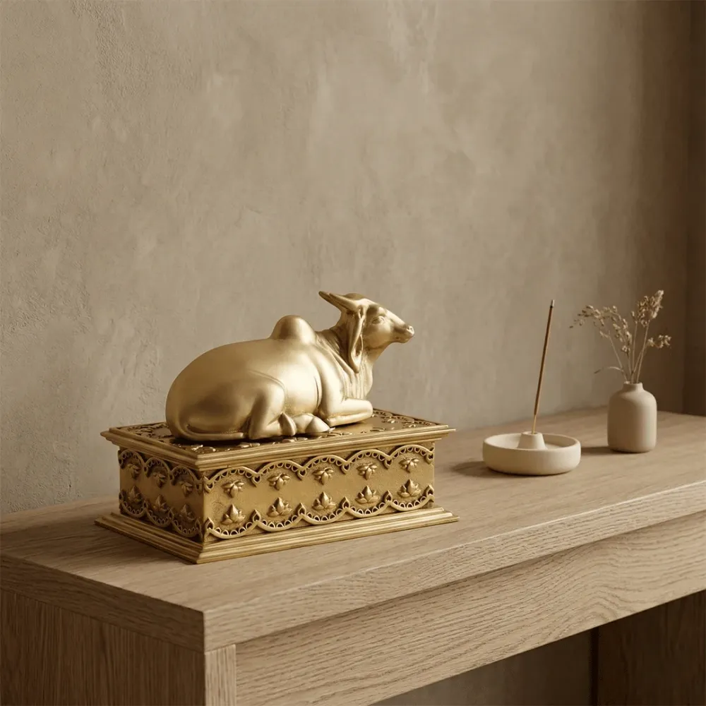 Sacred Nandi Bull Solid Brass Figurine – Gold Finish 