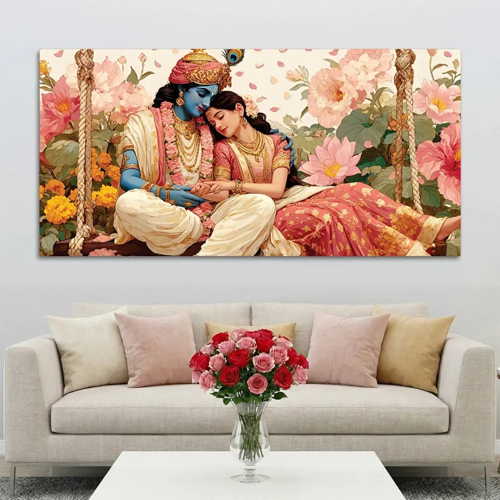 Sacred Togetherness of Radha Krishna Canvas Wall Painting With Frame