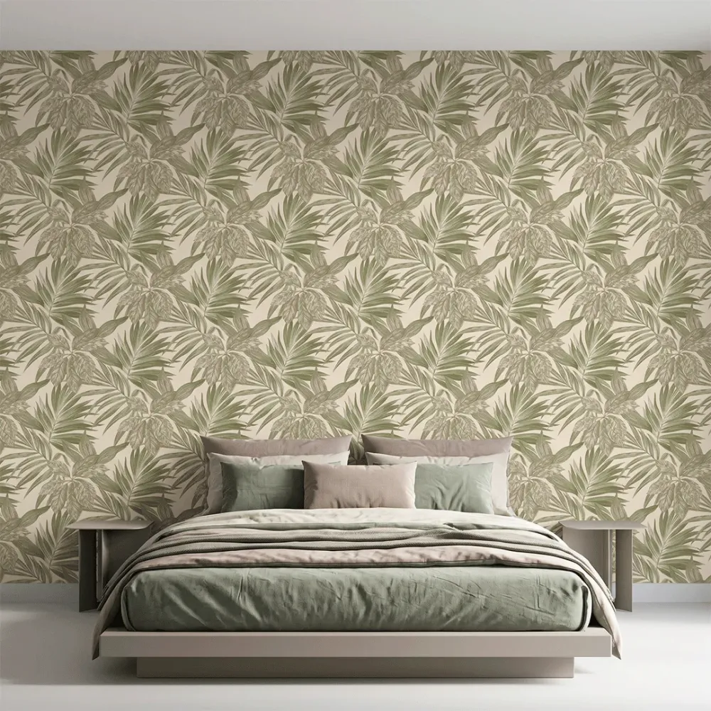 Sage Green Tropical Botanical Textured Wallpaper