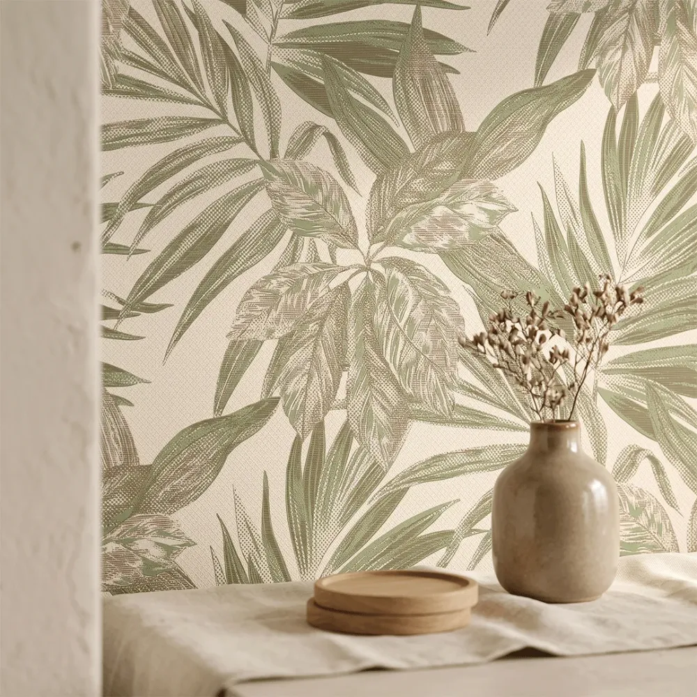 Sage Green Tropical Botanical Textured Wallpaper