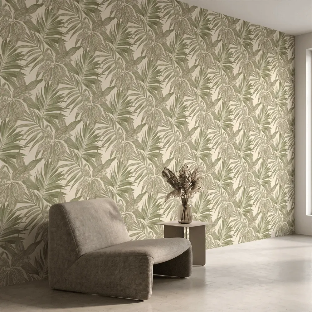 Sage Green Tropical Botanical Textured Wallpaper