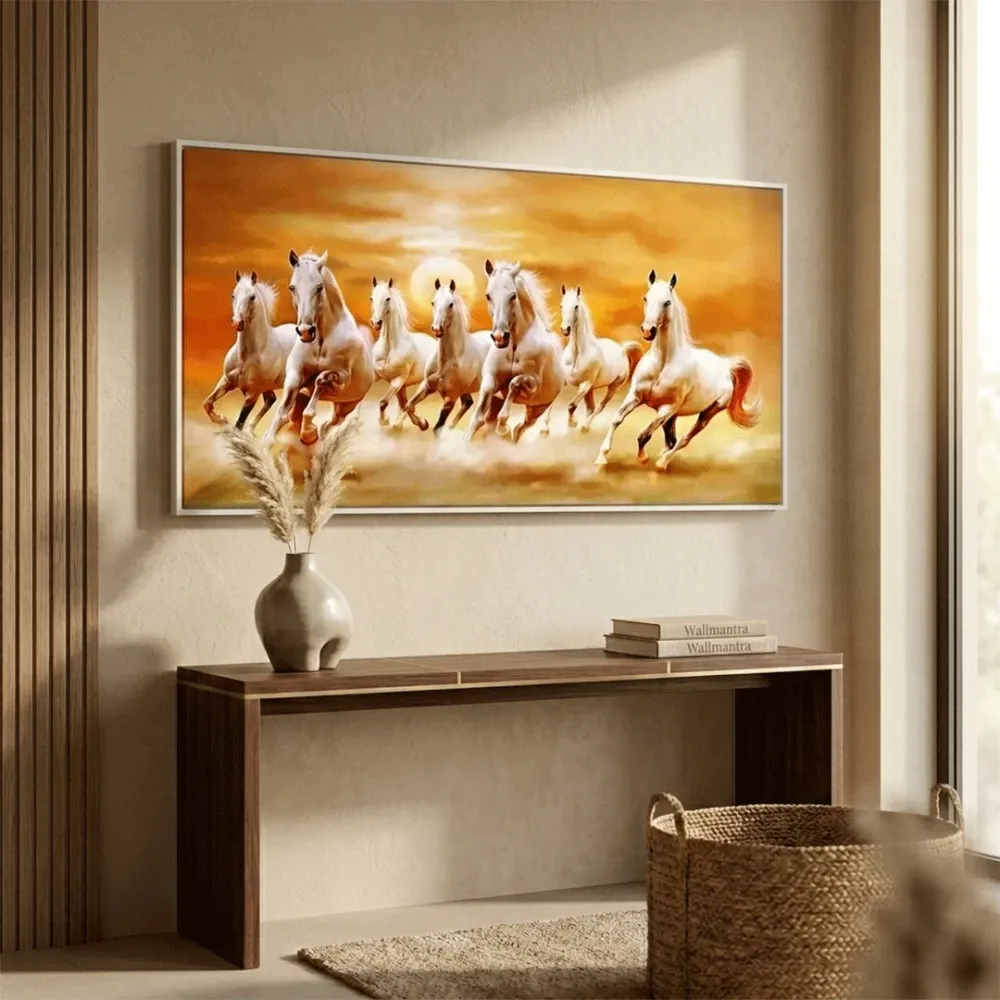Seven Horses Panoramic Canvas Wall Painting With Frame