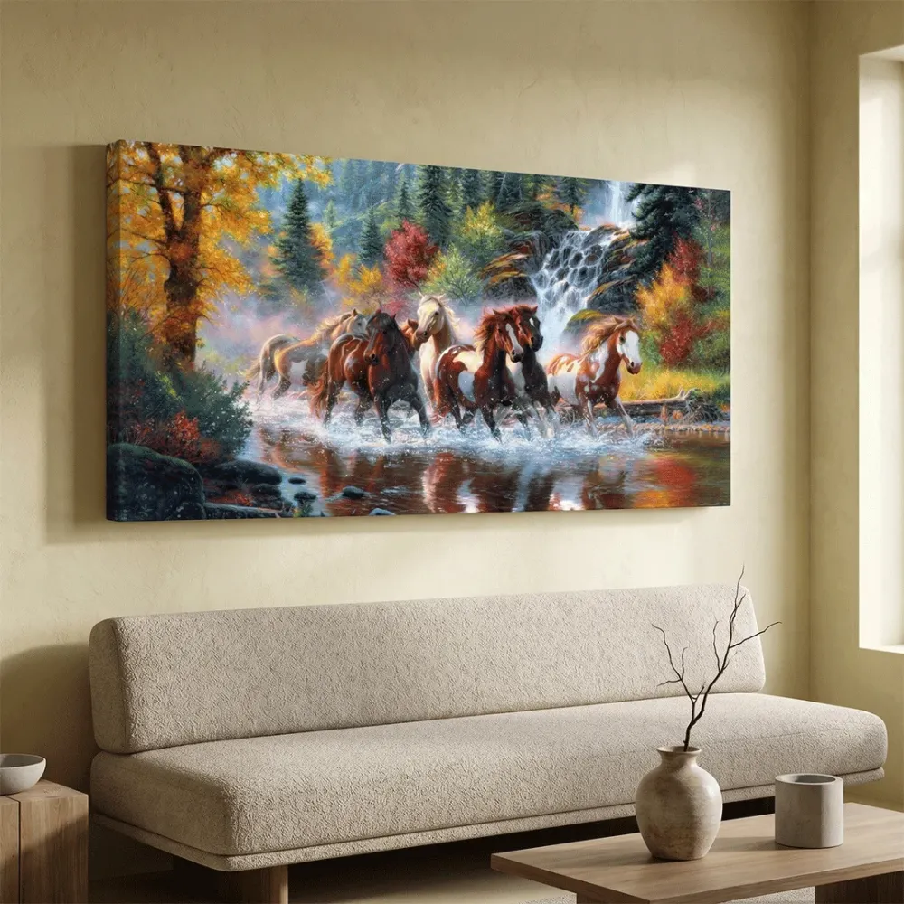 Seven Running Horses in Water Canvas  Big Panoramic Wall Painting With Frame
