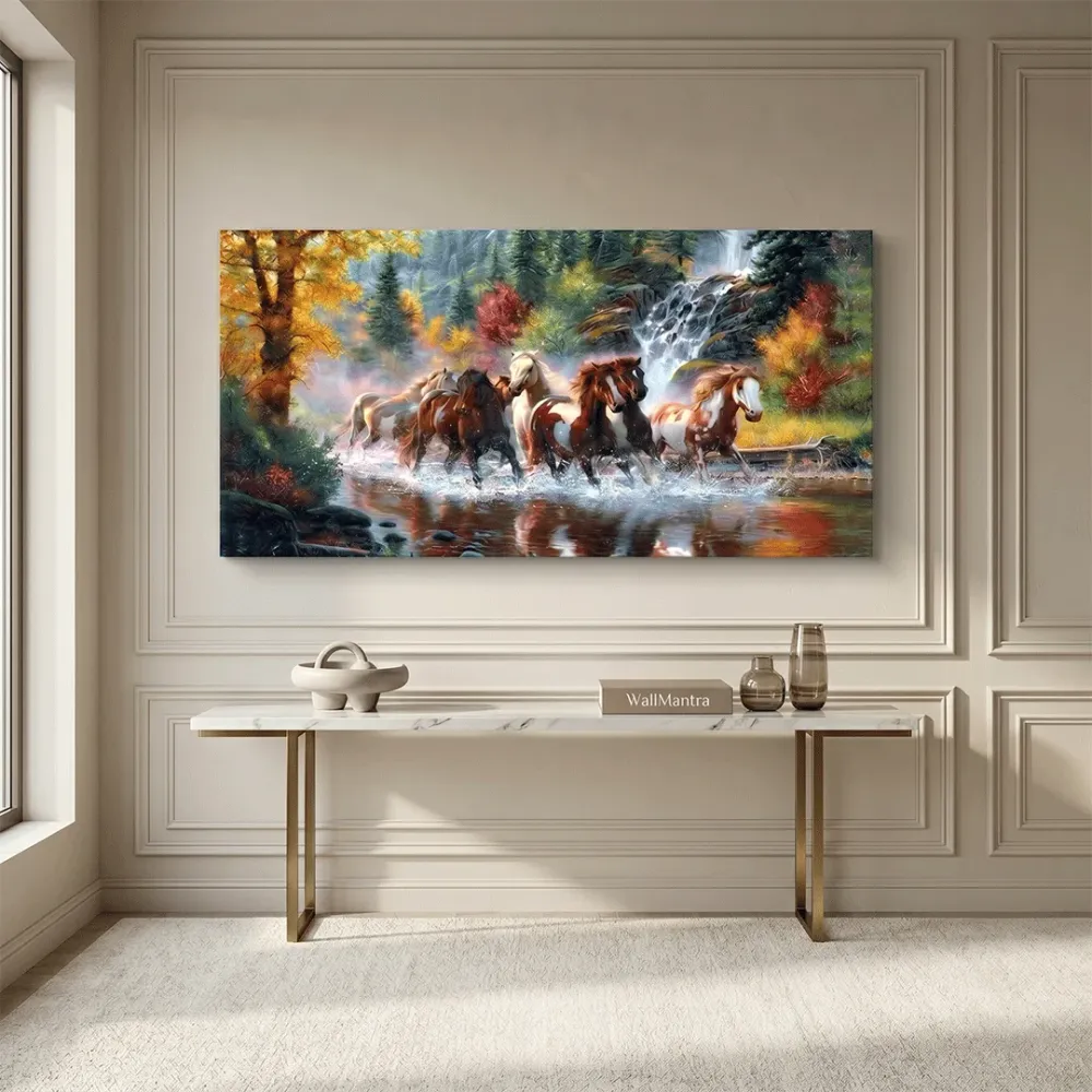 Seven Running Horses in Water Canvas  Big Panoramic Wall Painting With Frame