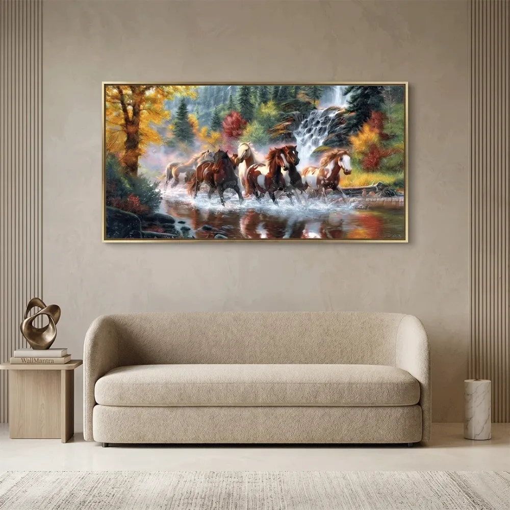 Seven Running Horses in Water Canvas  Big Panoramic Wall Painting With Frame