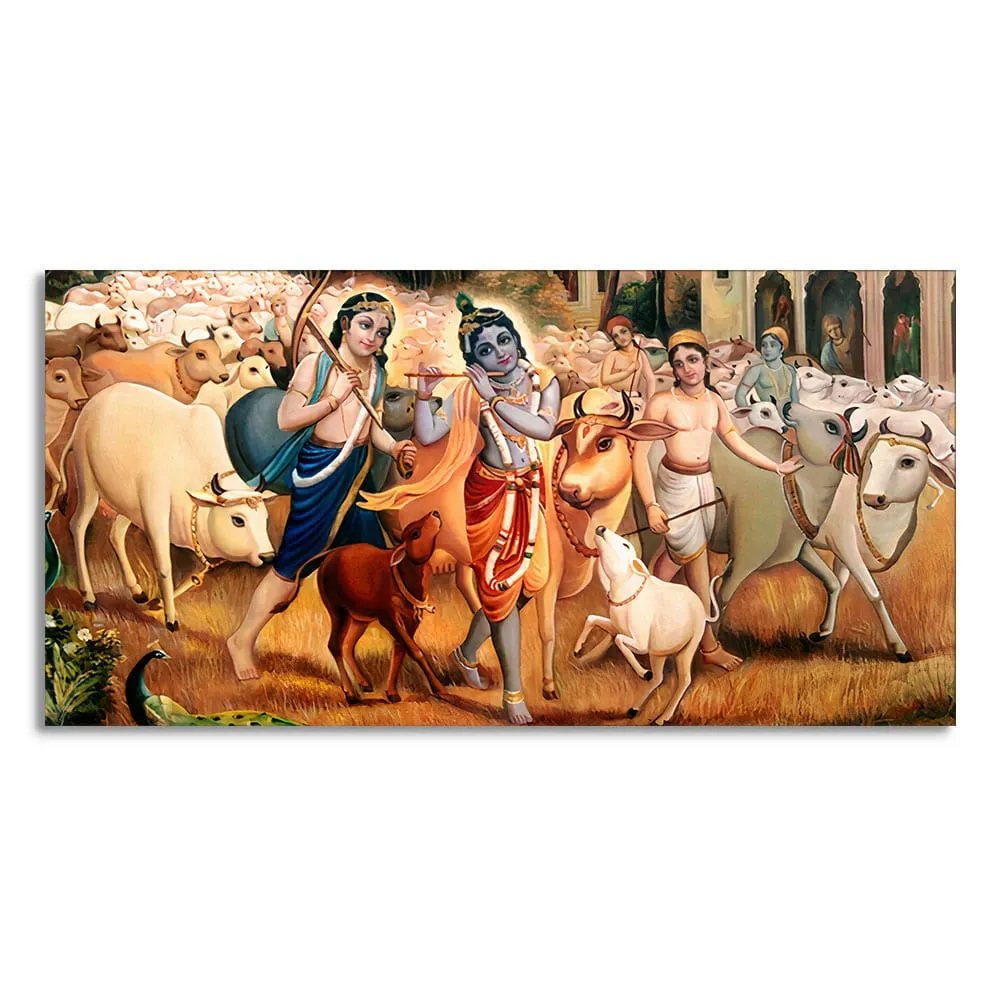 Divine Pastures of Krishna Leela Canvas Wall Painting With Frame