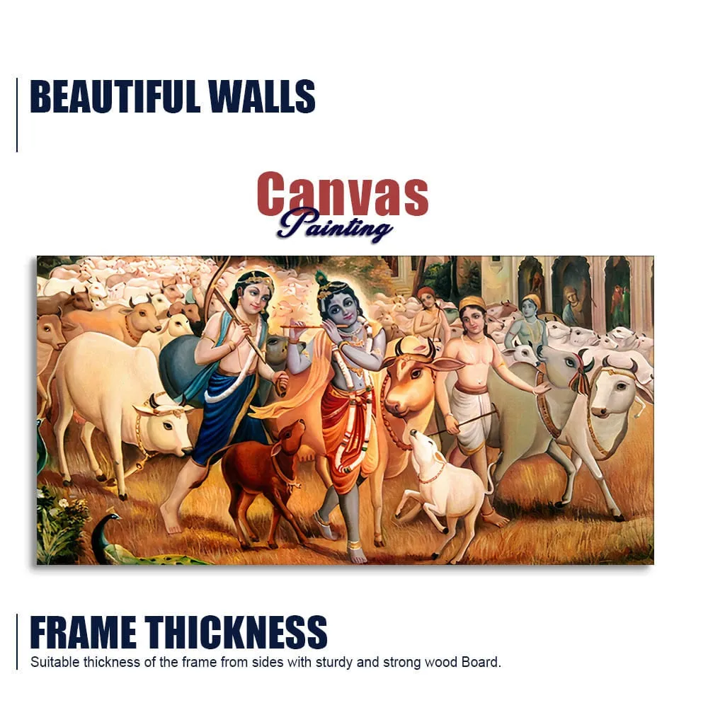 Divine Pastures of Krishna Leela Canvas Wall Painting With Frame