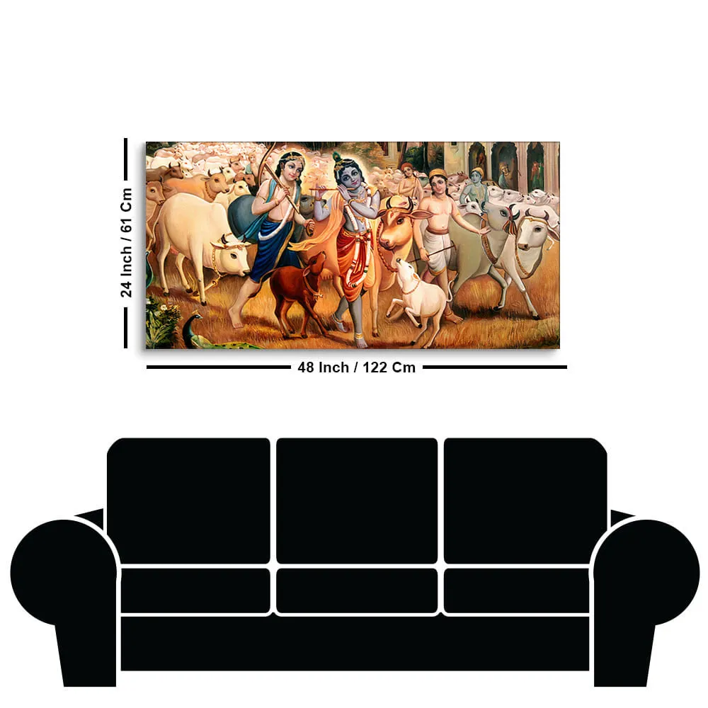 Divine Pastures of Krishna Leela Canvas Wall Painting With Frame