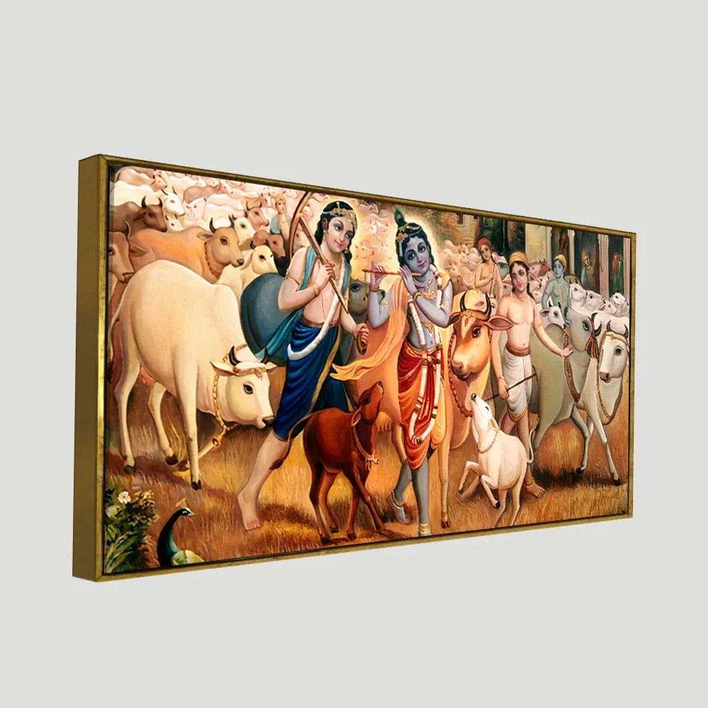 Divine Pastures of Krishna Leela Canvas Wall Painting With Frame