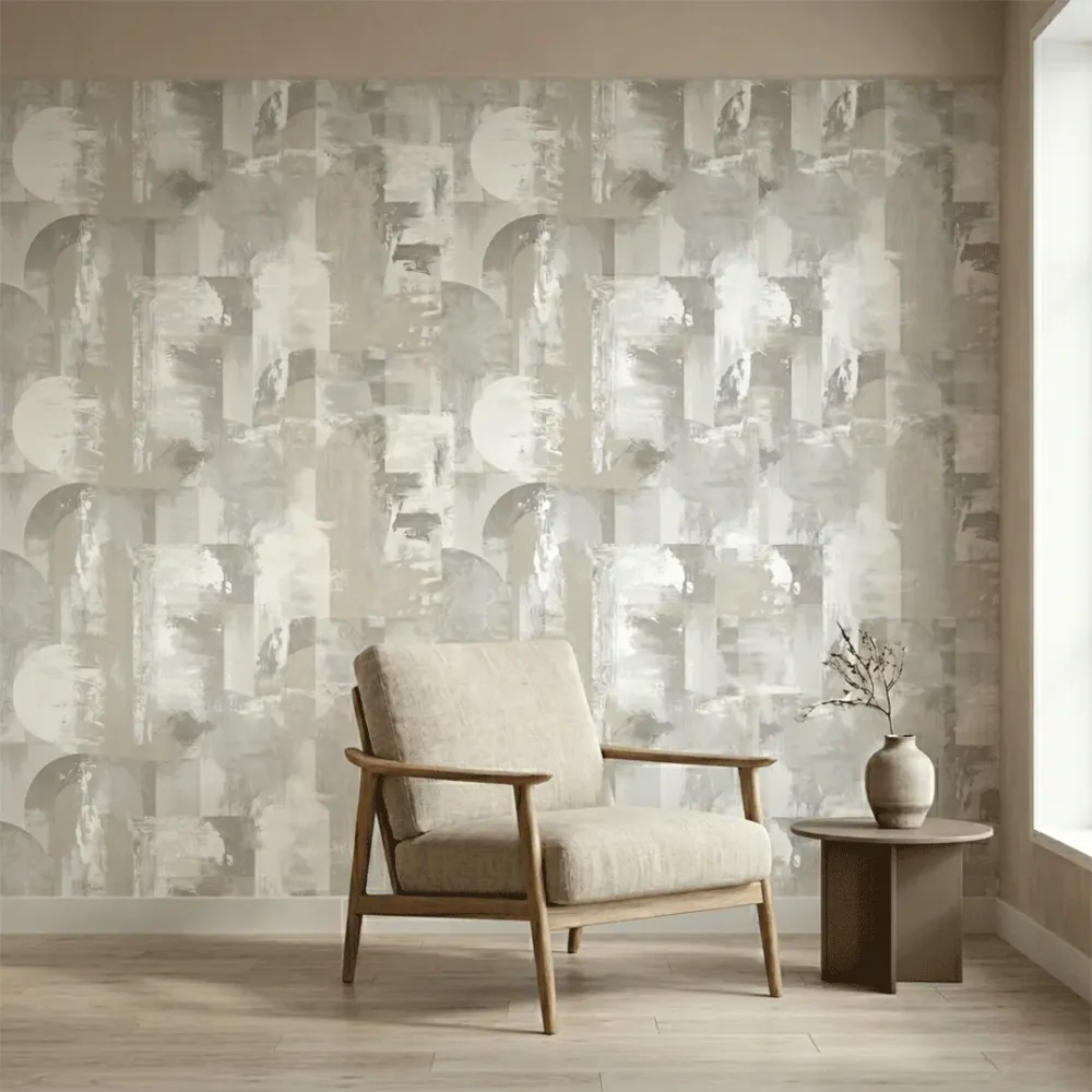 Silver Mist Abstract Forms Wallpaper 