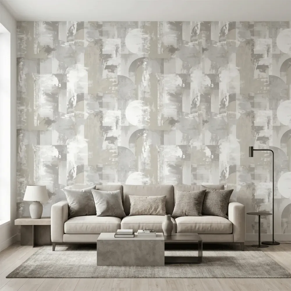 Silver Mist Abstract Forms Wallpaper 