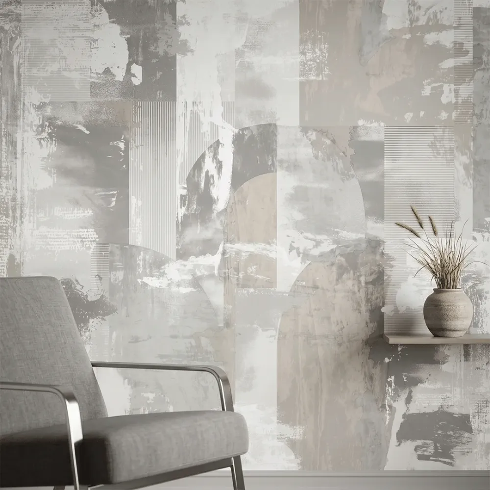 Silver Mist Abstract Forms Wallpaper 
