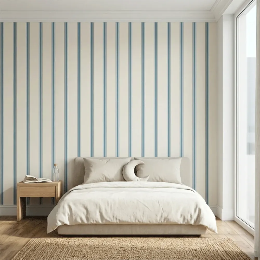 Classic Navy Vertical Stripe Wallpaper for Kids Room | Premium Korean Vinyl Nursery Wallpaper