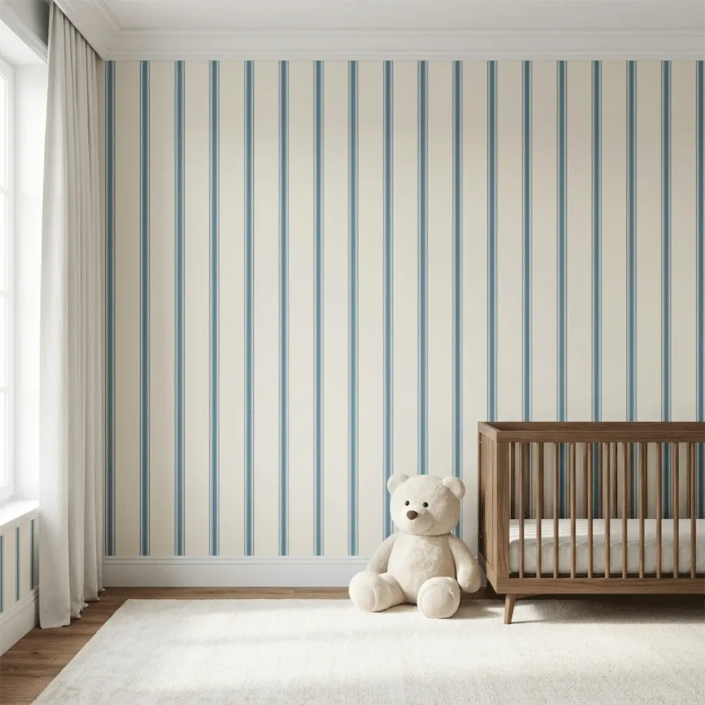 Classic Navy Vertical Stripe Wallpaper for Kids Room | Premium Korean Vinyl Nursery Wallpaper