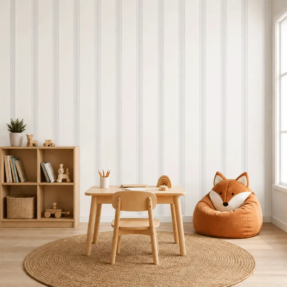Soft Neutral Vertical Stripe Wallpaper for Kids Room
