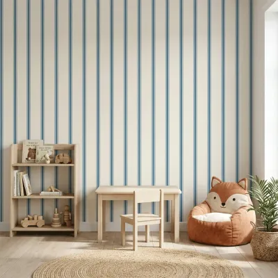 Classic Navy Vertical Stripe Wallpaper for Kids Room | Premium Korean Vinyl Nursery Wallpaper