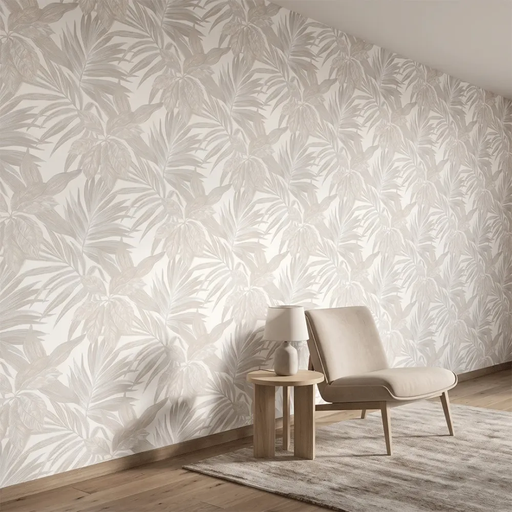 Ivory Beige Tropical Botanical Textured Wallpaper