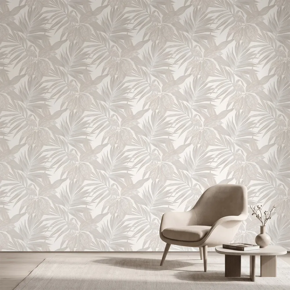 Ivory Beige Tropical Botanical Textured Wallpaper