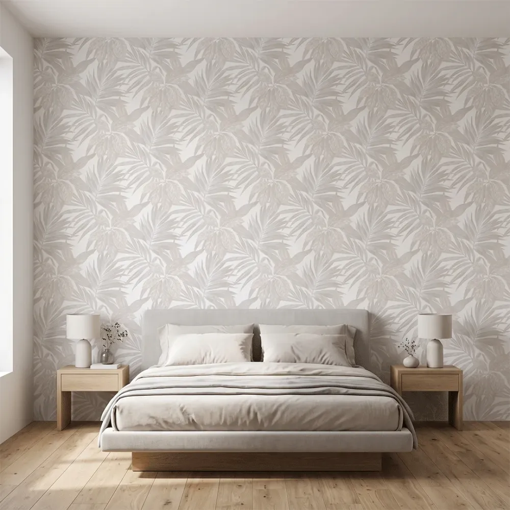 Ivory Beige Tropical Botanical Textured Wallpaper