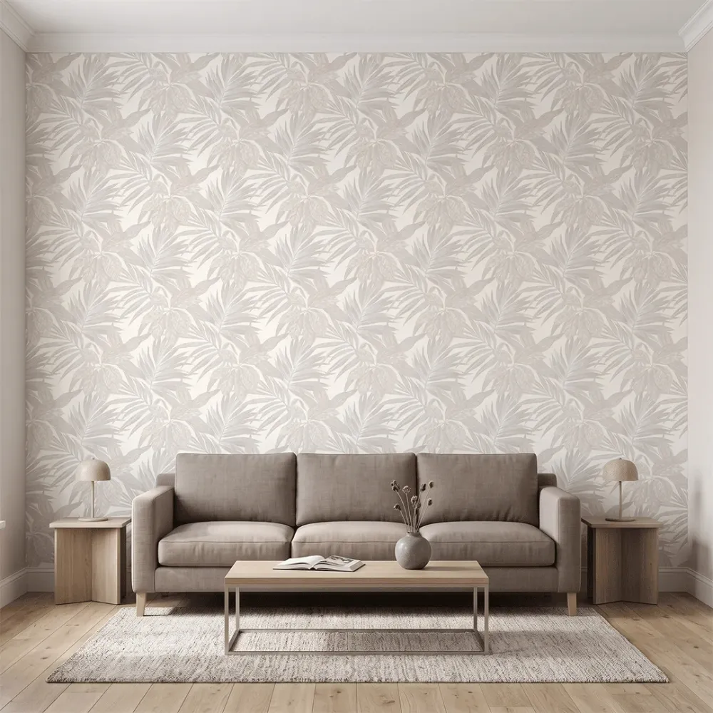 Ivory Beige Tropical Botanical Textured Wallpaper