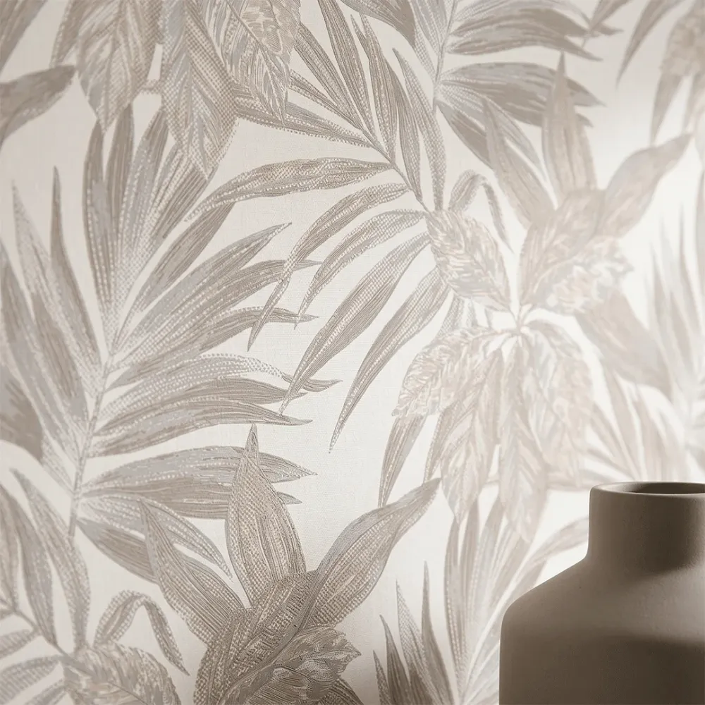 Ivory Beige Tropical Botanical Textured Wallpaper