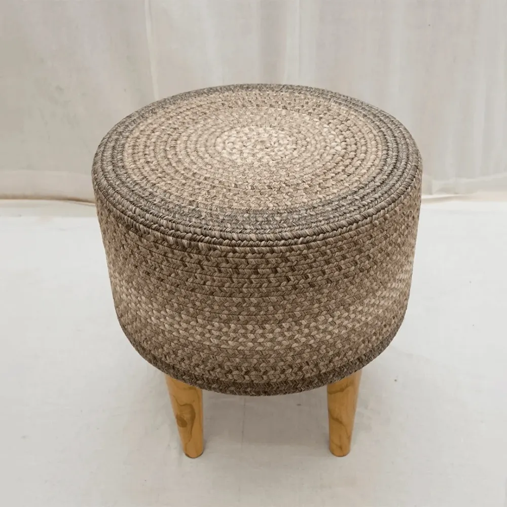 Stone Grey Haven Indoor Round Braided Pouffe Stool 