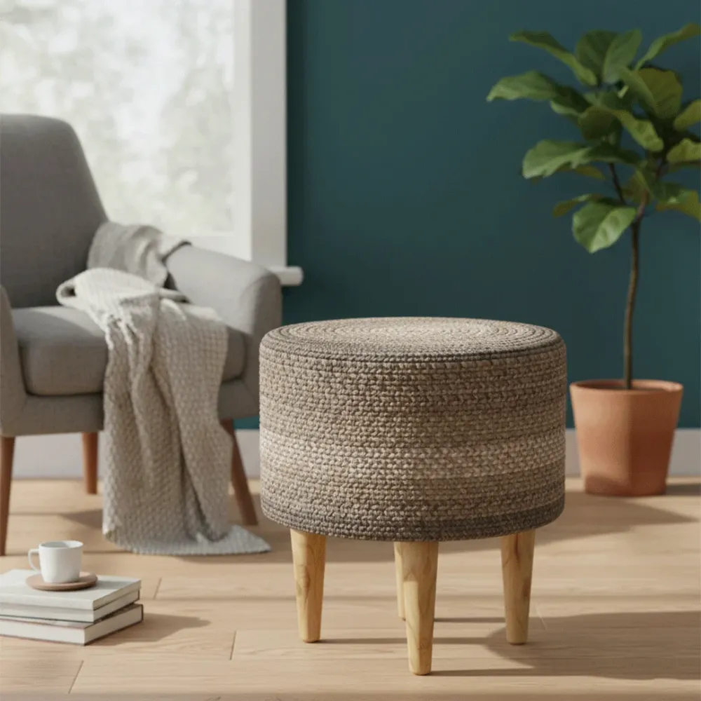 Stone Grey Haven Indoor Round Braided Pouffe Stool 