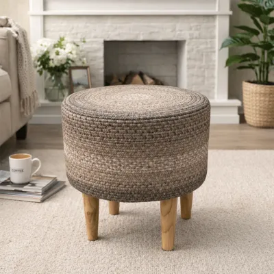 Stone Grey Haven Indoor Round Braided Pouffe Stool