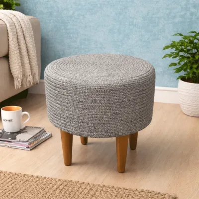 Stone Grey Nook Indoor Round Braided Pouffe Stool