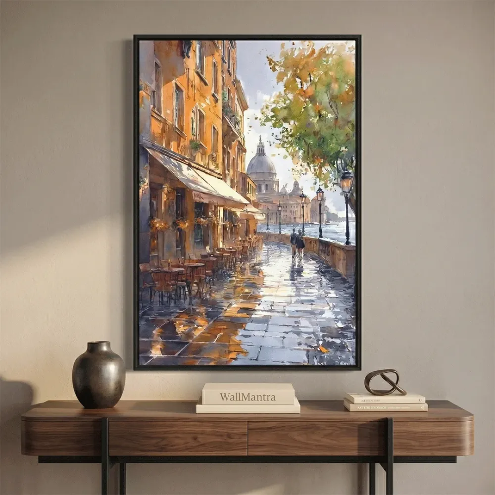 Sunlit European Riverside Canvas Wall Art – Café Walkway Scene With Frame