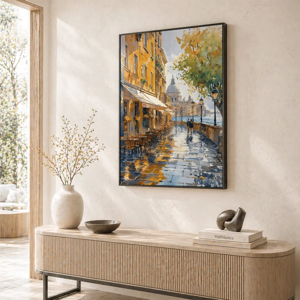 Sunlit European Riverside Canvas Wall Art – Café Walkway Scene With Frame