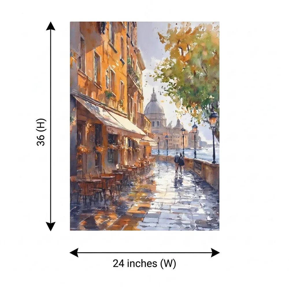 Sunlit European Riverside Canvas Wall Art – Café Walkway Scene With Frame