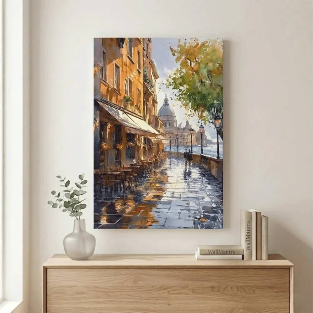 Sunlit European Riverside Canvas Wall Art – Café Walkway Scene With Frame